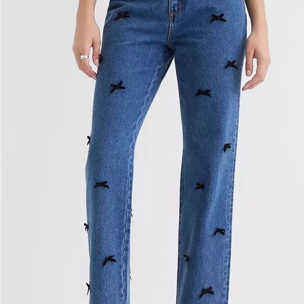 LOFT Blue Straight-Leg Jeans with Black Bow Accents
